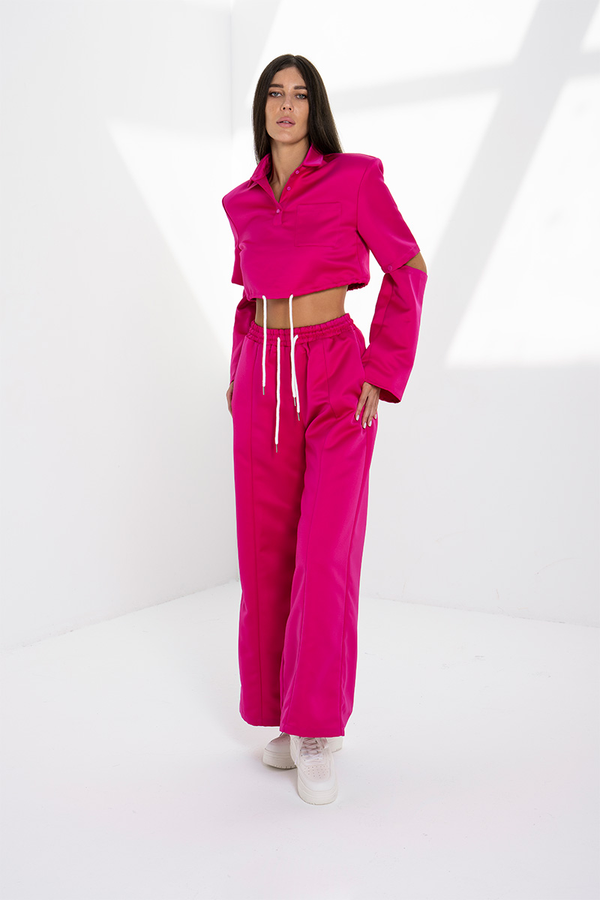 ATTACHABLE SLEEVE CROP SHIRT WITH WIDE LEG PANTS